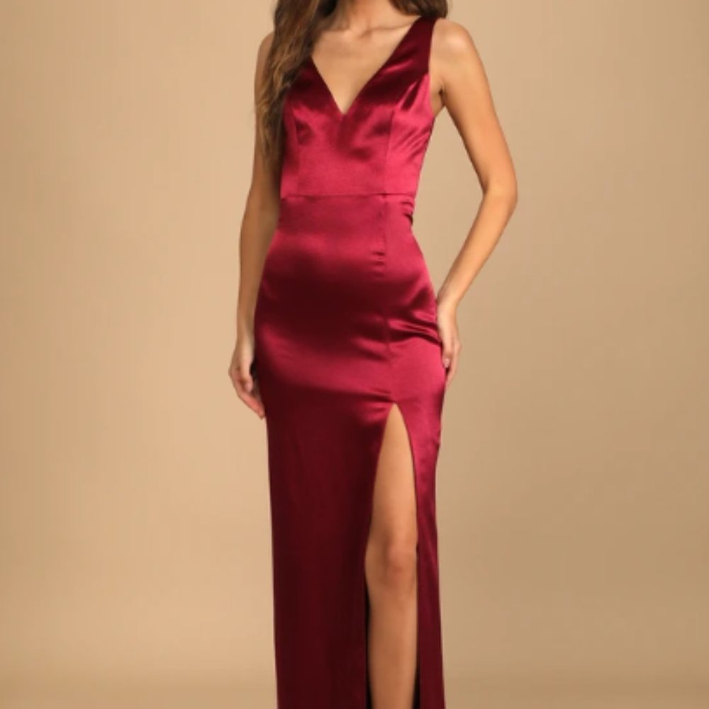 LuLu's Burgundy Satin Sleeveless Tie-Back Maxi Dress